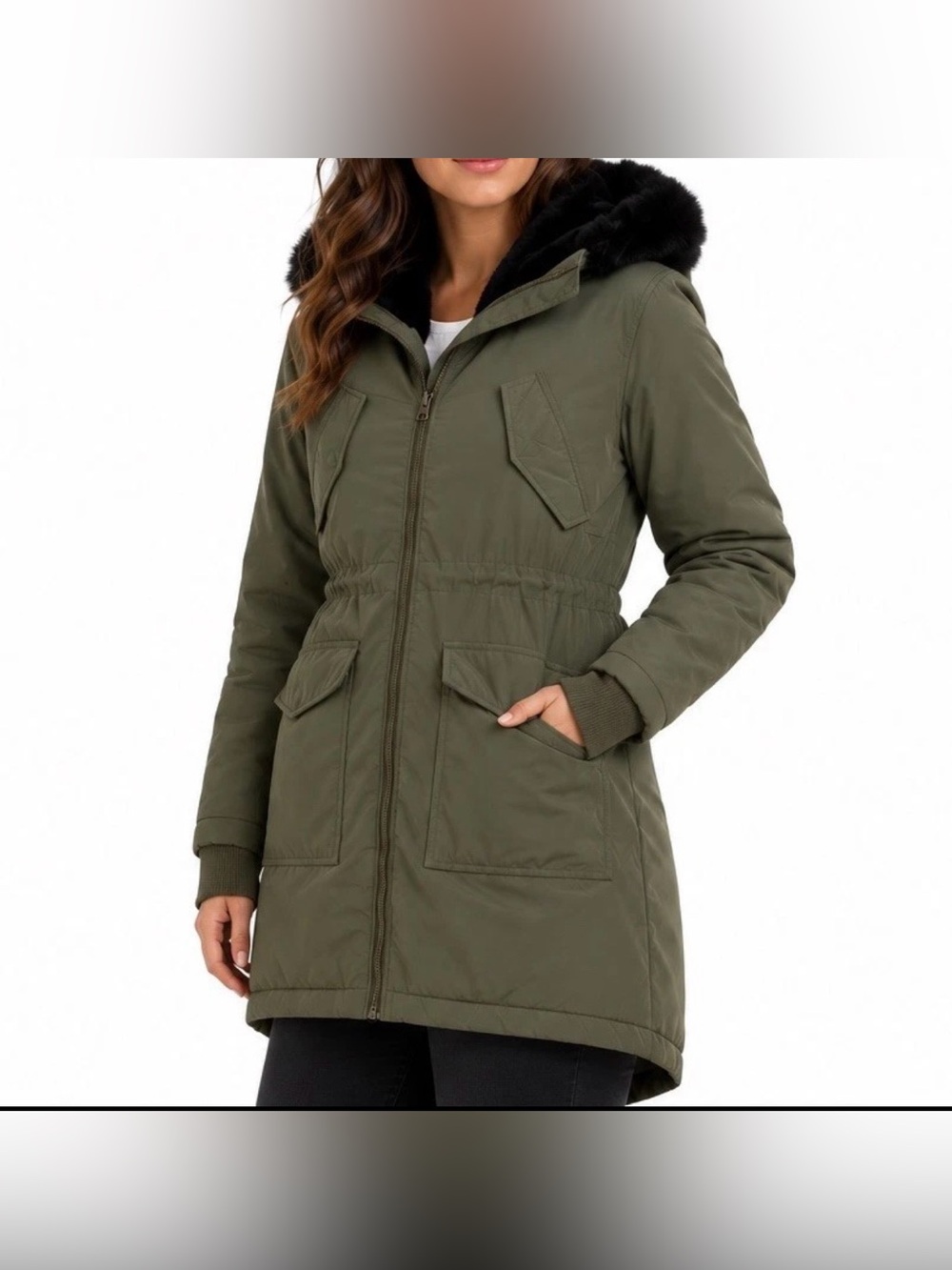 GAP Primaloft Luxe Parka Womens XS Olive Green Faux Fur Hood Military Utility
